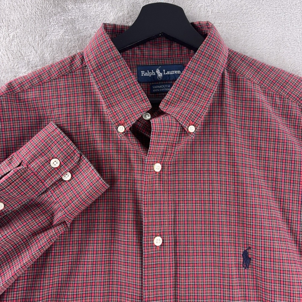 Ralph Lauren Plaid Yarmouth Button Down Shirt Mens Size 17.5 Red Cotton‎ Preppy